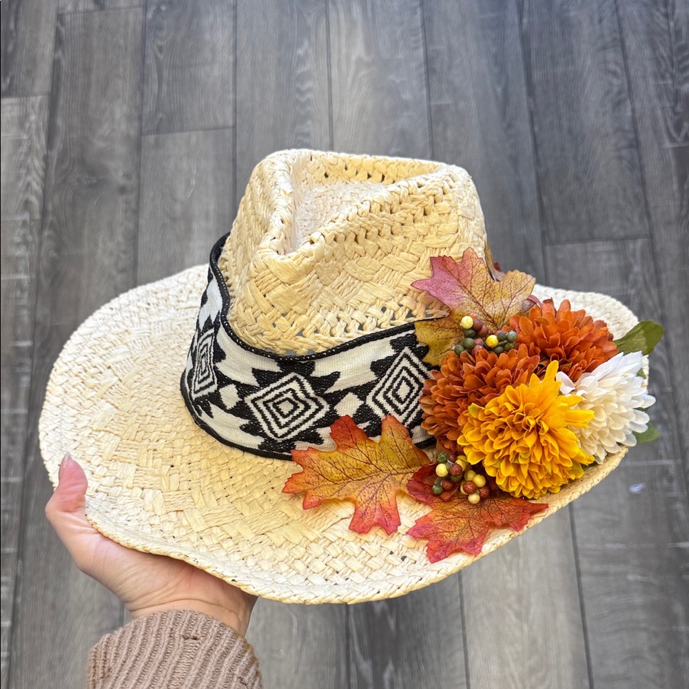 Straw Hat with Floral and Leaf Accents